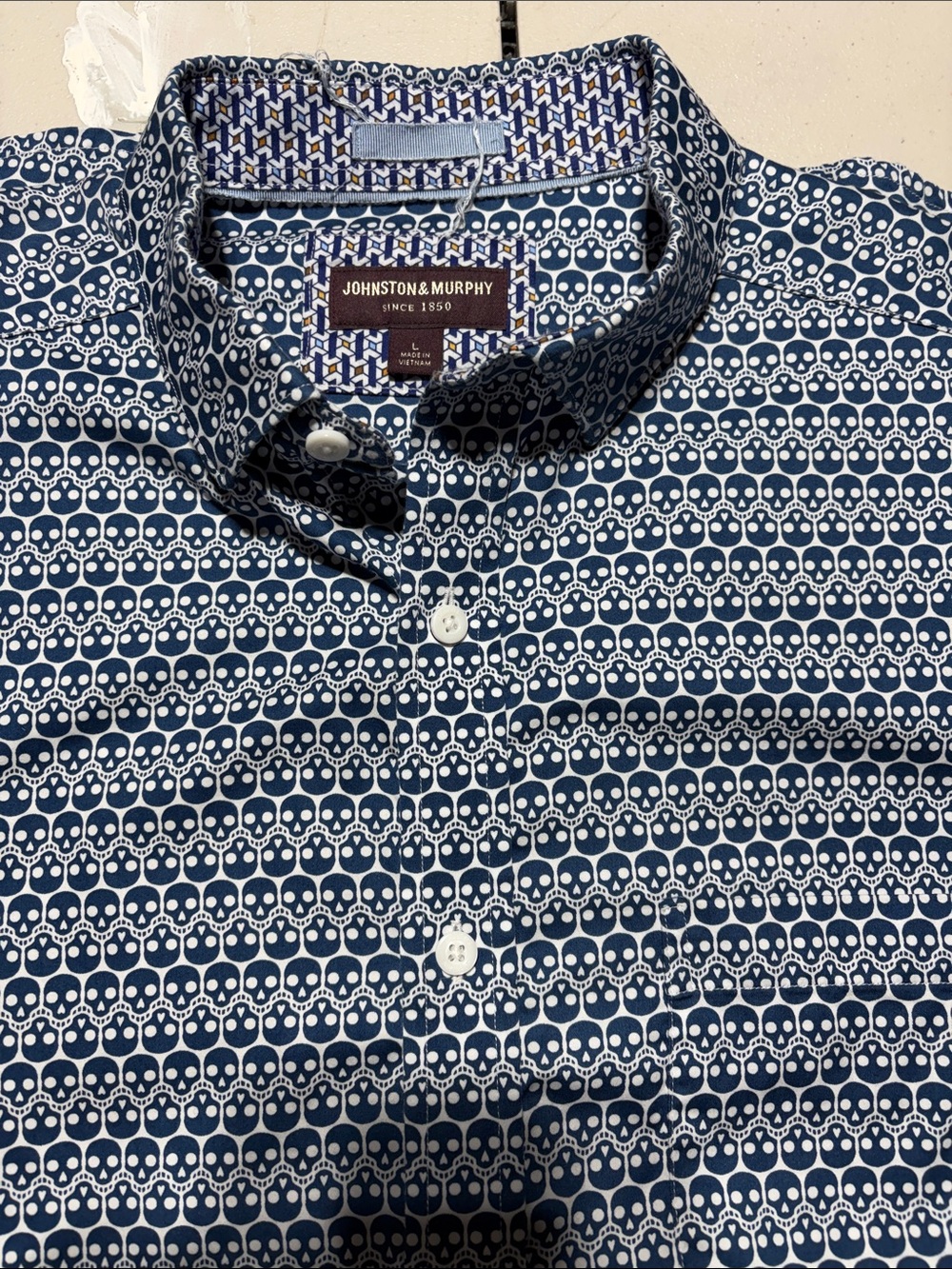 Johnston & Murphy Navy and White Skull-Print Casual Button-Down
